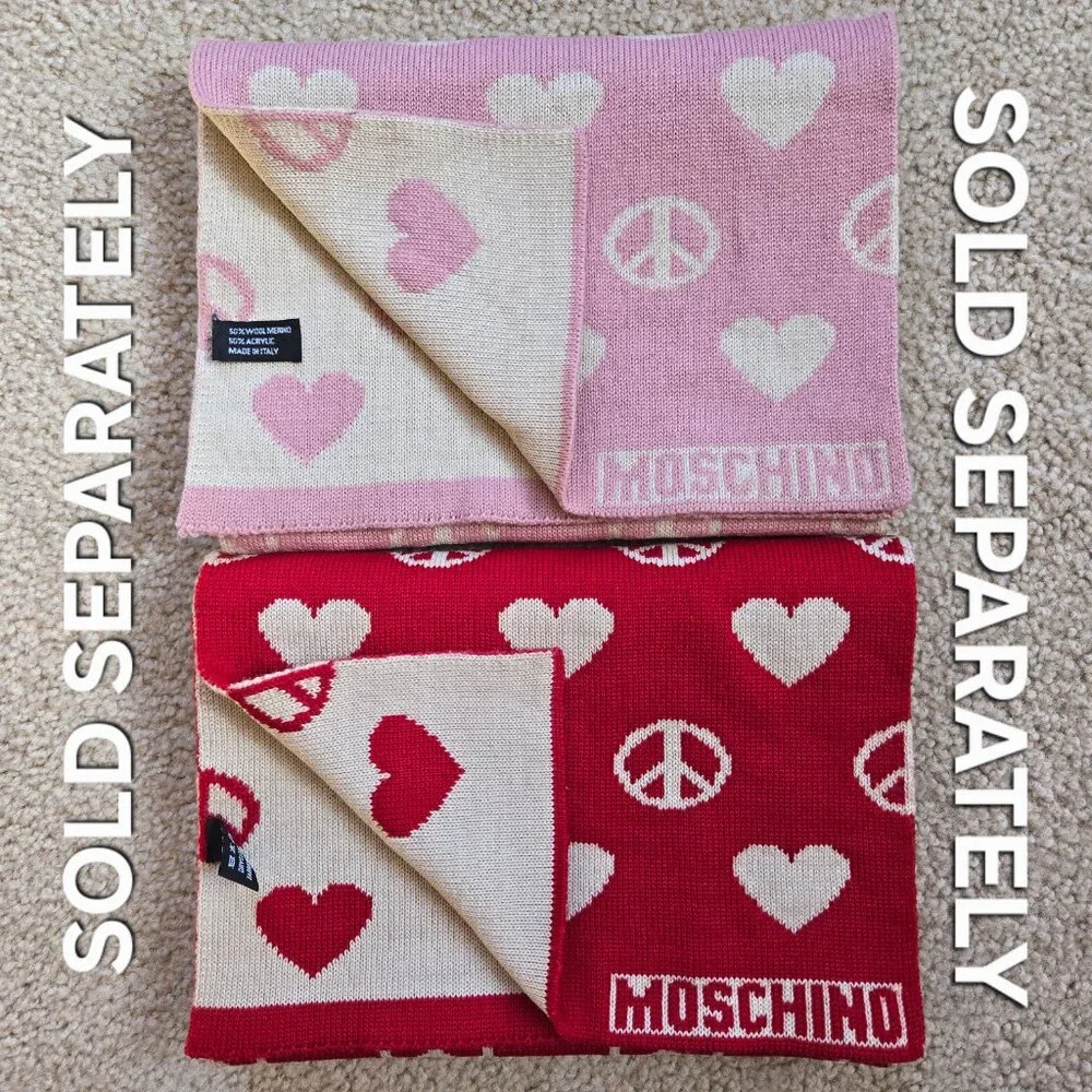 Moschino Peace & Love Hearts Scarf Merino Wool Blend Red White